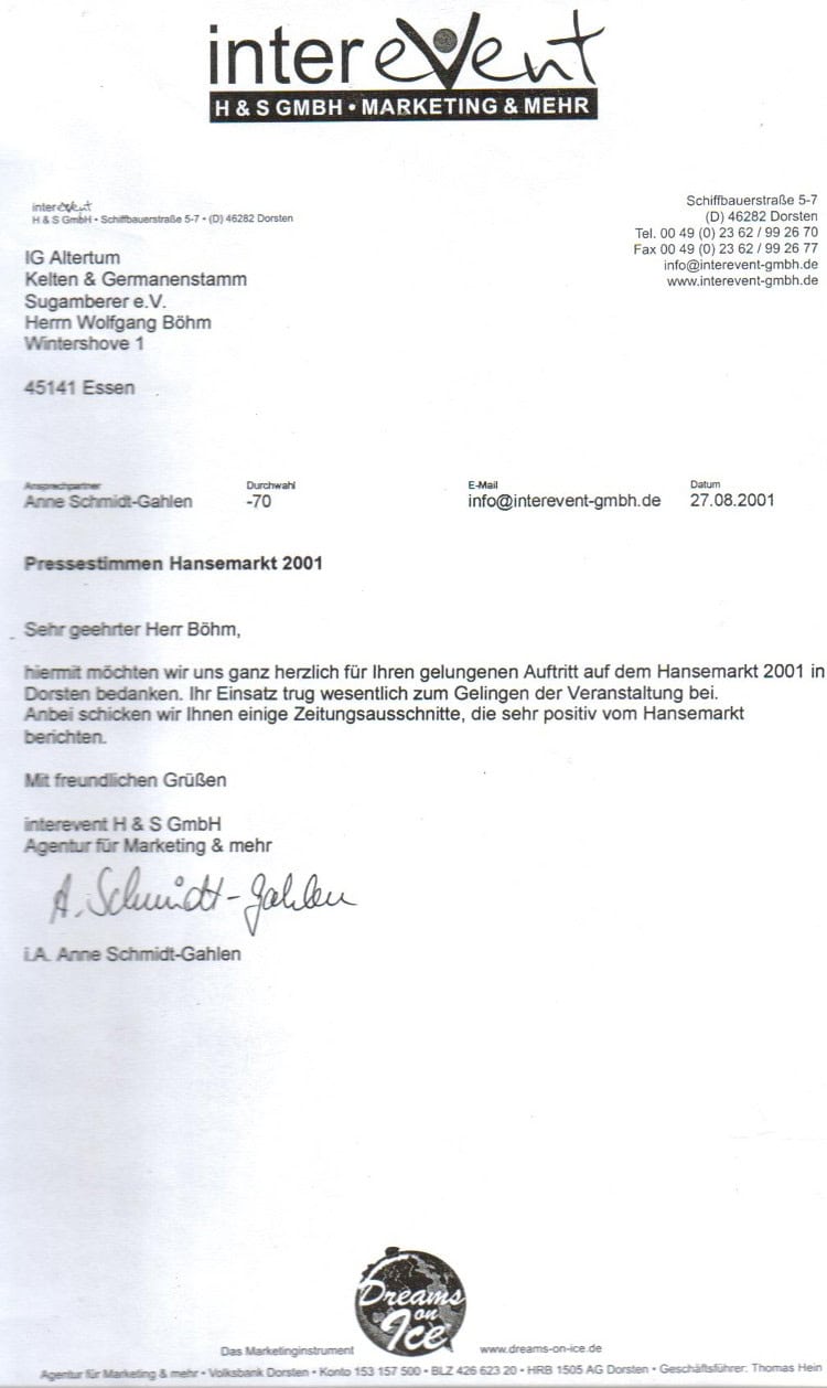 Dankschreiben von interevent H & S GmbH vom 27.08.2001 an Wolfgang Böhm für den gelungenen Auftritt des Germanenstamms Sugambrer e.V. auf dem Hansemarkt in Dorsten 2001 – inklusive Hinweis auf beigefügte positive Presseberichte.
