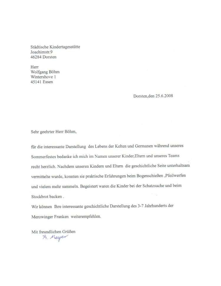 Dankschreiben der städtischen Kindertagesstätte Dorsten vom 25.06.2008 an Wolfgang Böhm für die lebendige Darstellung des keltischen und germanischen Lebens beim Sommerfest – mit Aktivitäten wie Bogenschießen, Pfeilwerfen, Schatzsuche und Stockbrotbacken.
