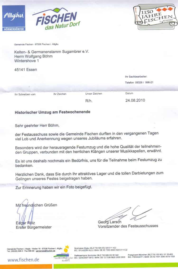 Dankschreiben der Gemeinde Fischen im Allgäu vom 24.08.2010 an den Kelten- & Germanenstamm Sugambrer e.V. für die Teilnahme am historischen Umzug zum 1150-jährigen Jubiläum – gewürdigt wird das attraktive Lager und die Mitwirkung am Festprogramm.